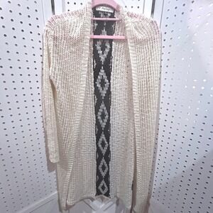 Montana Co Knit‎ Open Front Long Sleeve Cardigan Cream Black Geometric Size S